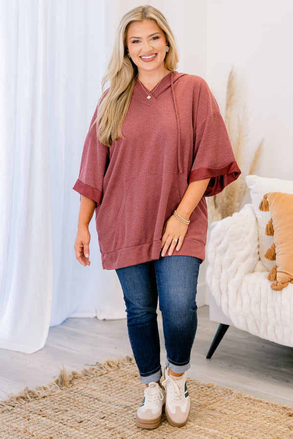 Chic Soul plus size clothing, wine purple half sleeve top with drawstrings and a hood and a large front pocket
