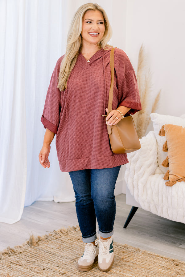 Chic Soul plus size clothing, wine purple half sleeve top with drawstrings and a hood and a large front pocket