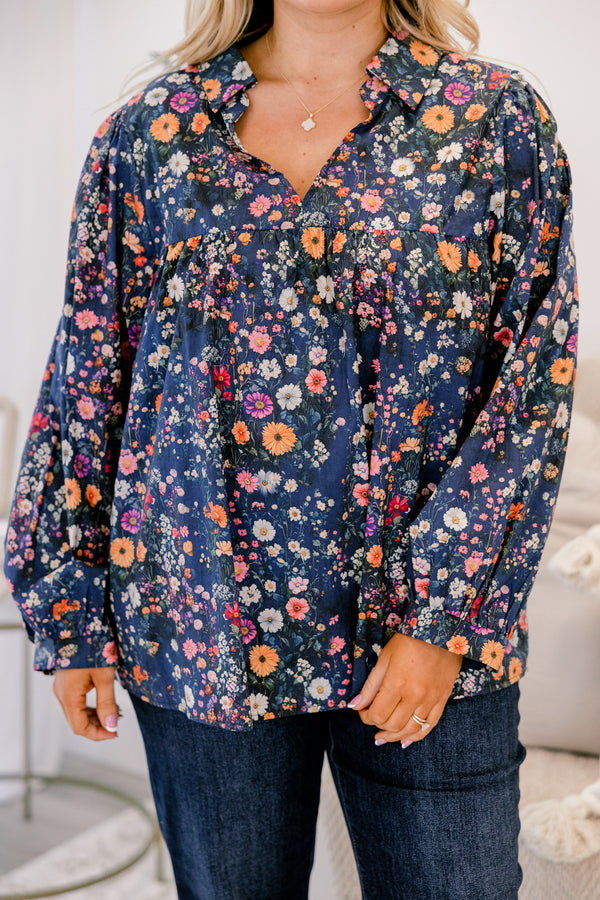Chic Soul plus size clothing, navy floral print long sleeve v neck top