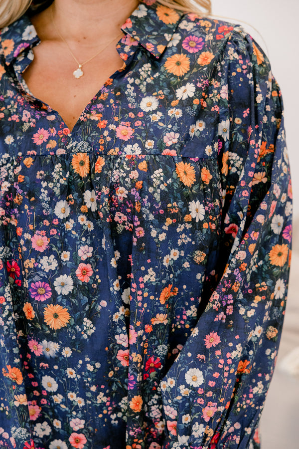 Chic Soul plus size clothing, navy floral print long sleeve v neck top