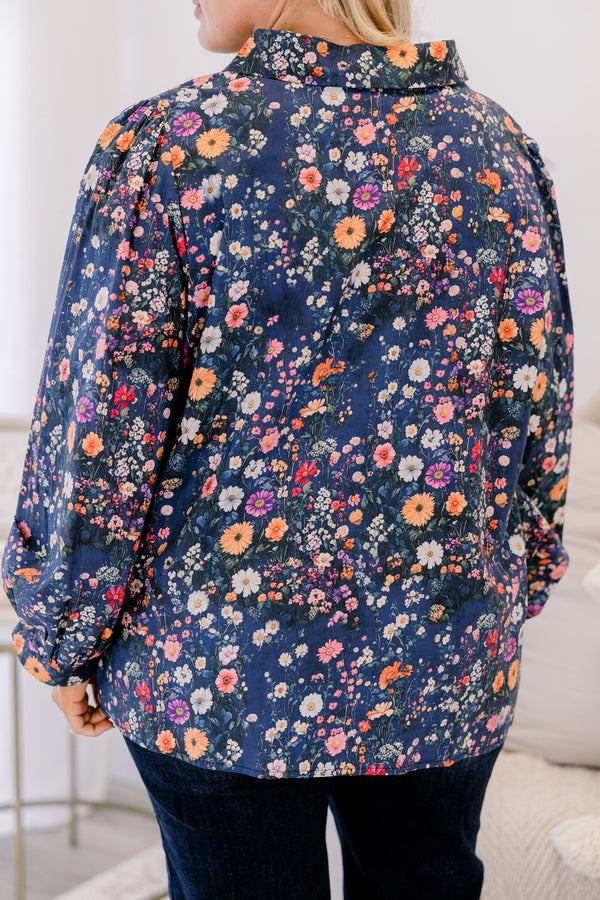 Chic Soul plus size clothing, navy floral print long sleeve v neck top