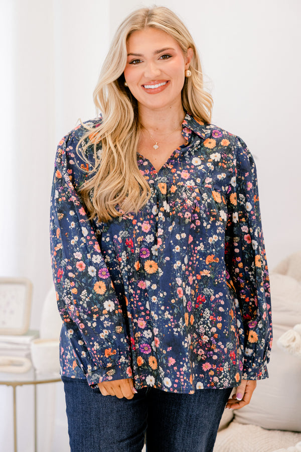 Chic Soul plus size clothing, navy floral print long sleeve v neck top