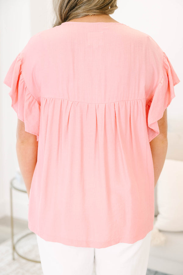 Chic Soul plus size clothing, light pink short-flutter sleeve shallow v-neck top with hot pink embroidered trim along neckline and shoulders plus purple and white embroidered pattern on shoulders