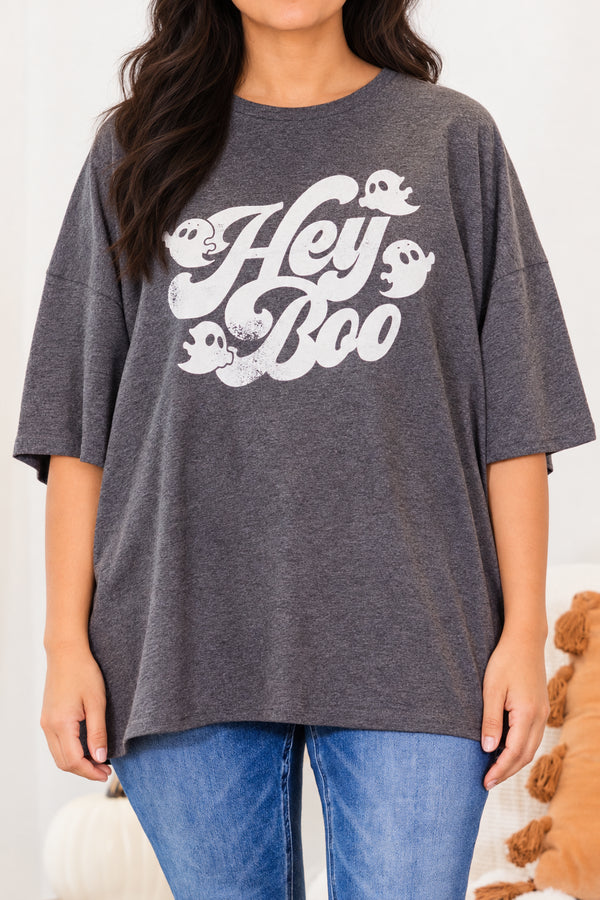 Chic Soul plus size clothing, charcoal gray short sleeve boyfriend tee with 