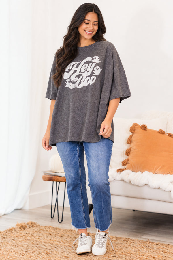 Chic Soul plus size clothing, charcoal gray short sleeve boyfriend tee with 