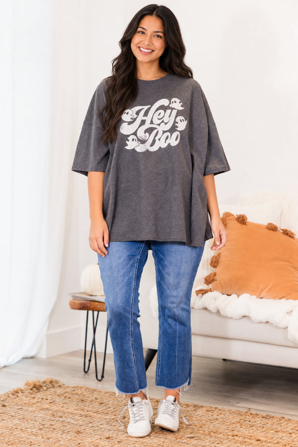 Chic Soul plus size clothing, charcoal gray short sleeve boyfriend tee with 