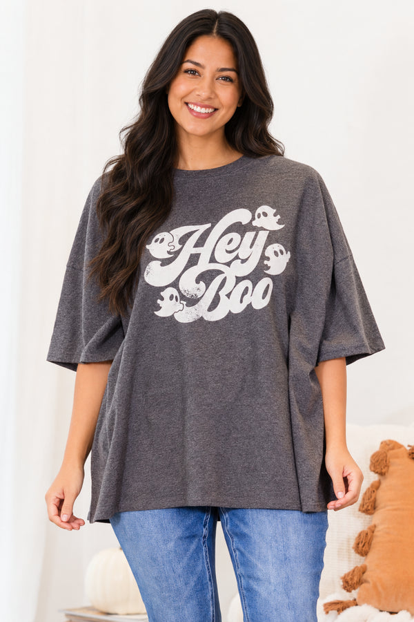 Chic Soul plus size clothing, charcoal gray short sleeve boyfriend tee with 