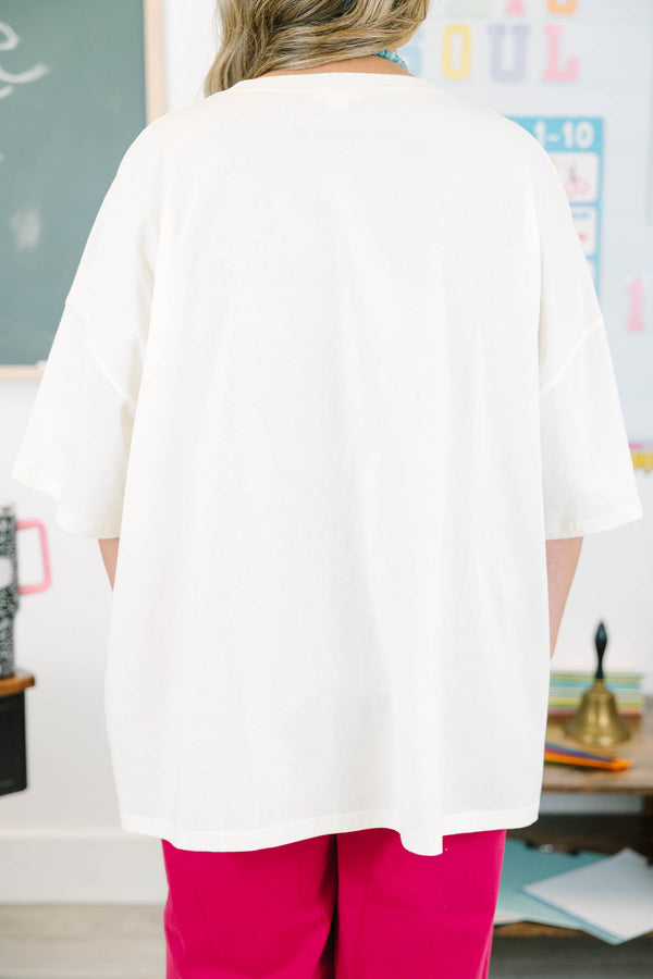 Plus size ivory boyfriend tee with colorful FRIYAY graphics, oversized fit, and 100% cotton fabric.