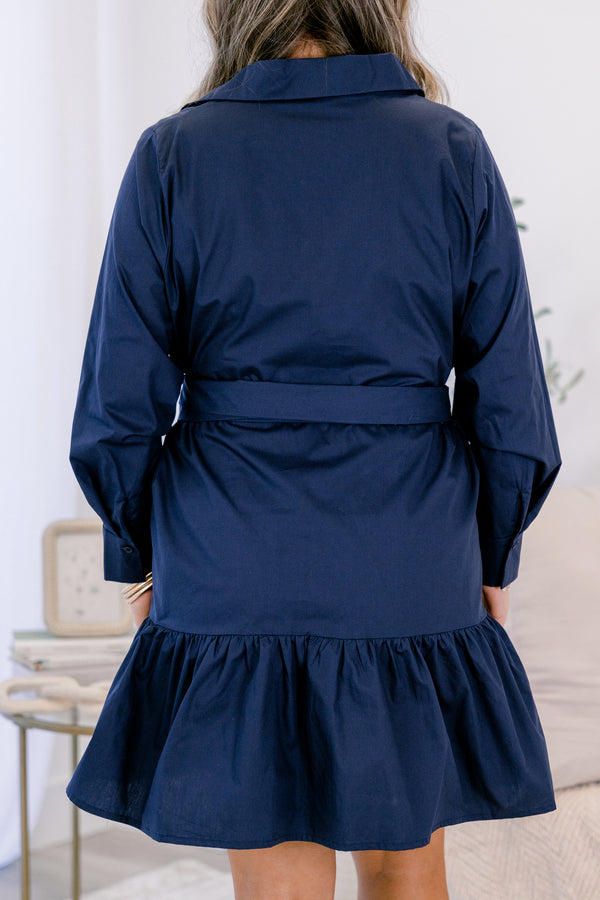 Chic Soul plus size clothing, navy blue long sleeve quarter button down short dress with collar and bow tied around the waist in the front
