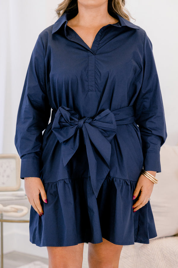 Chic Soul plus size clothing, navy blue long sleeve quarter button down short dress with collar and bow tied around the waist in the front