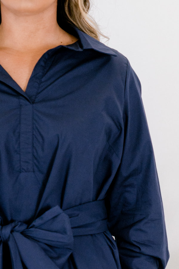 Chic Soul plus size clothing, navy blue long sleeve quarter button down short dress with collar and bow tied around the waist in the front