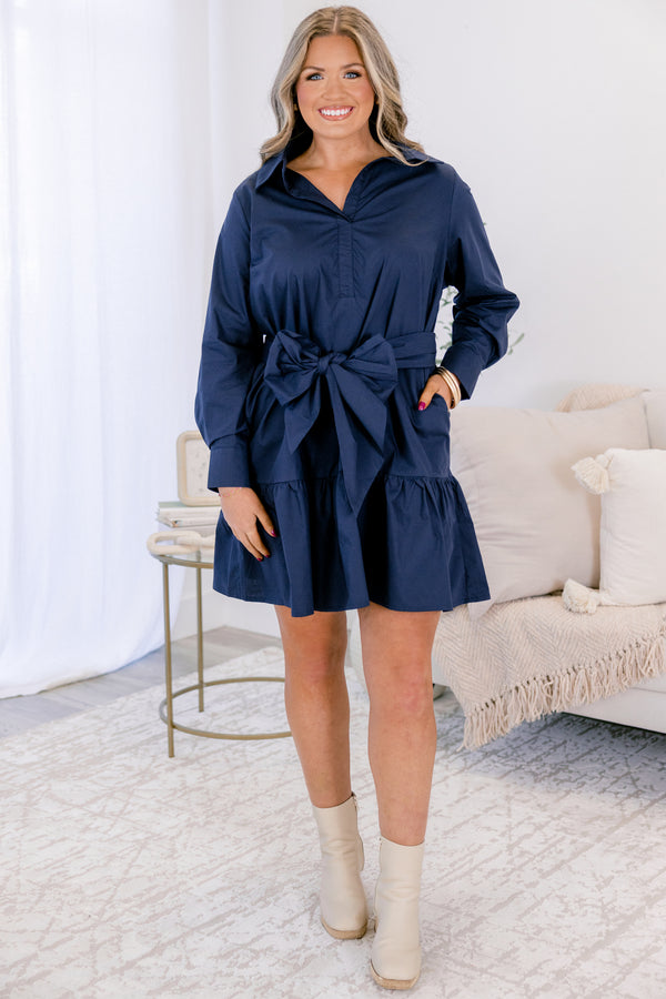 Chic Soul plus size clothing, navy blue long sleeve quarter button down short dress with collar and bow tied around the waist in the front