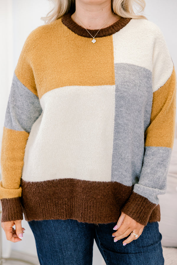 Chic Soul plus size clothing, mustard grey and brown color blocked long sleeve fuzzy sweater