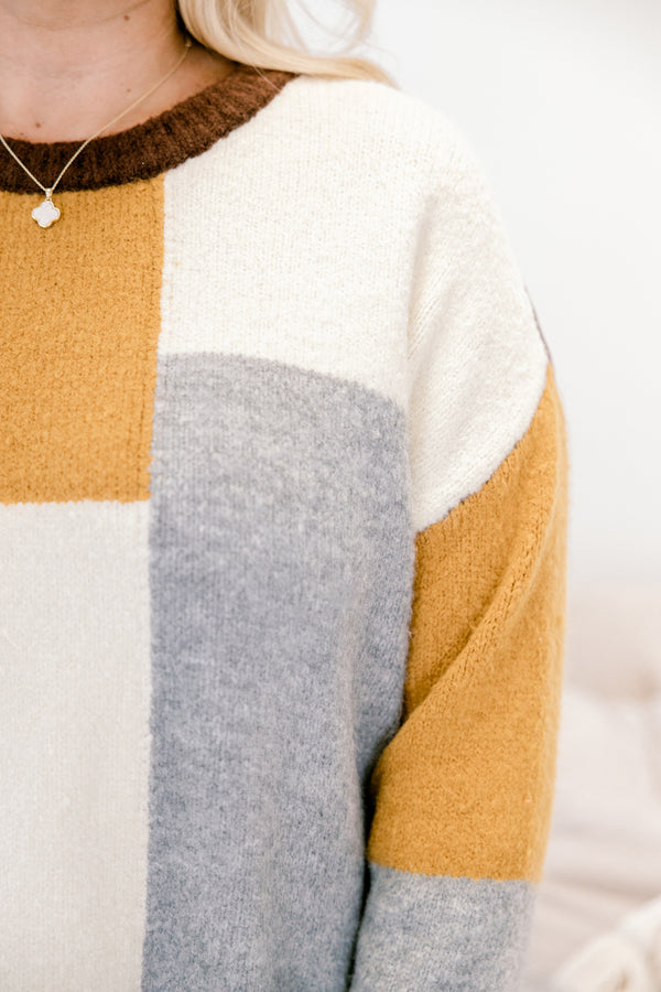 Chic Soul plus size clothing, mustard grey and brown color blocked long sleeve fuzzy sweater