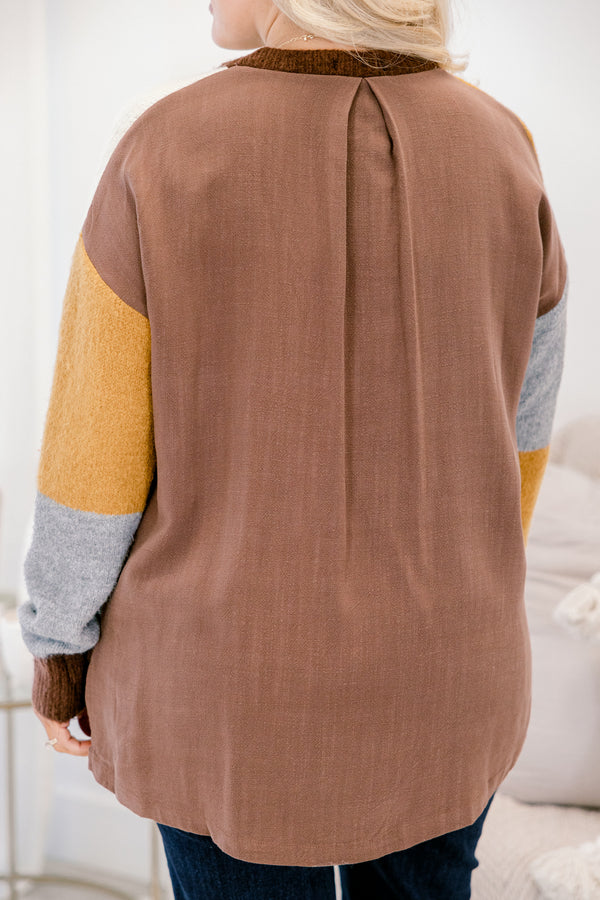 Chic Soul plus size clothing, mustard grey and brown color blocked long sleeve fuzzy sweater