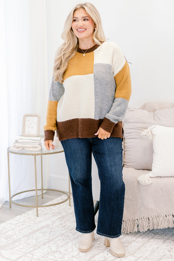 Chic Soul plus size clothing, mustard grey and brown color blocked long sleeve fuzzy sweater