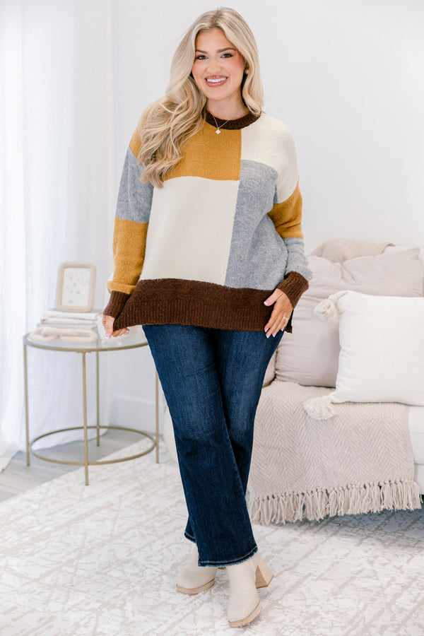 Chic Soul plus size clothing, mustard grey and brown color blocked long sleeve fuzzy sweater