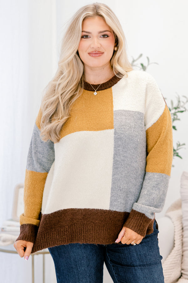 Chic Soul plus size clothing, mustard grey and brown color blocked long sleeve fuzzy sweater