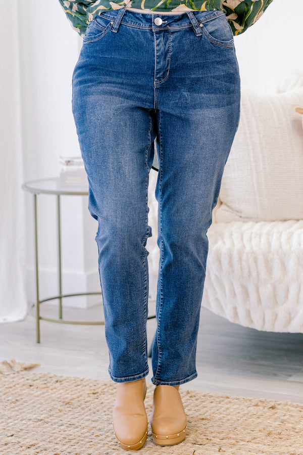 Chic Soul plus size clothing, dark wash medium rise straight leg jeans