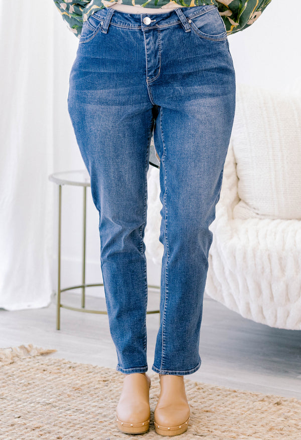 Chic Soul plus size clothing, dark wash medium rise straight leg jeans