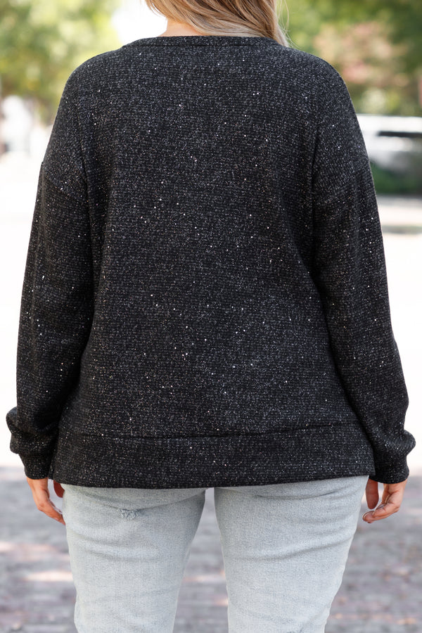 Chic Soul plus size clothing, black long sleeve top embedded with glitter