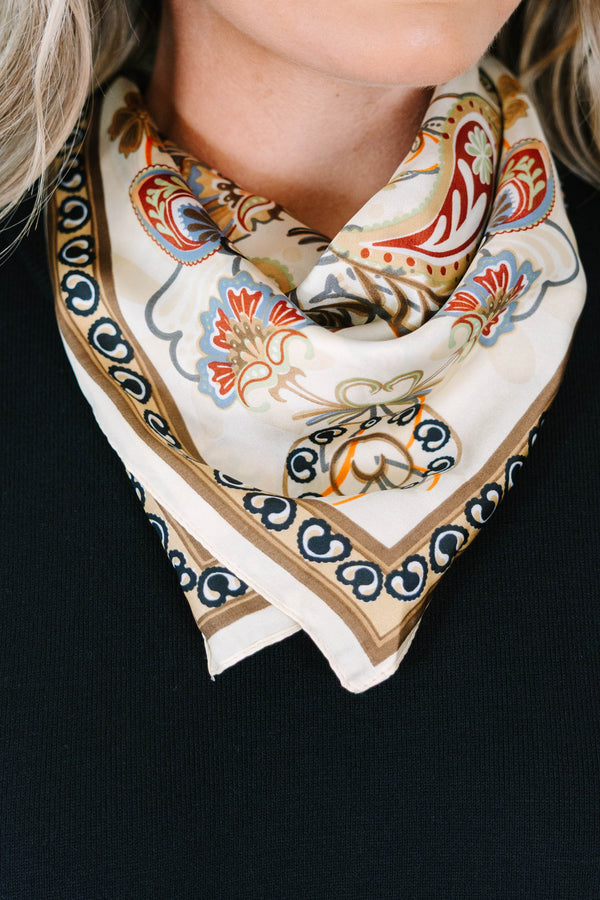 Silk neck scarf in brown multi paisley print