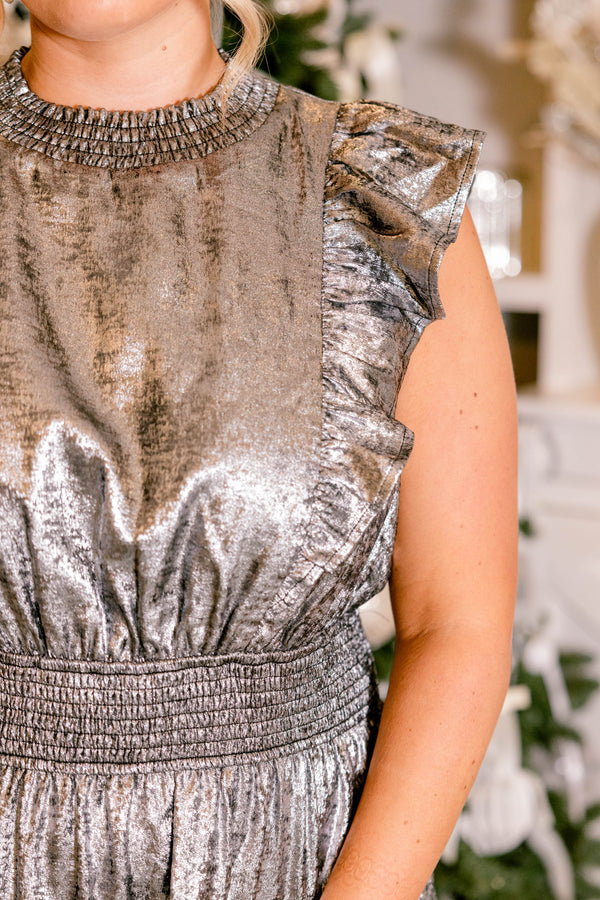 Chic Soul plus size clothing, silver ruffle cap sleeve tiered maxi dress that cinches at the waist 