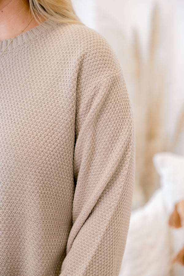 Chic Soul plus size clothing, light mocha sweater with long sleeves that have a cuff at the ends 