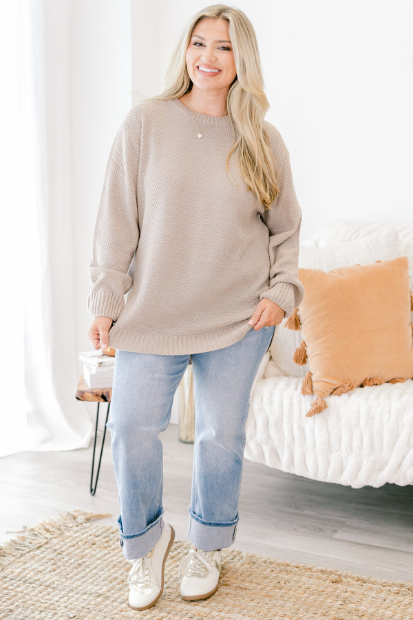 Chic Soul plus size clothing, light mocha sweater with long sleeves that have a cuff at the ends 