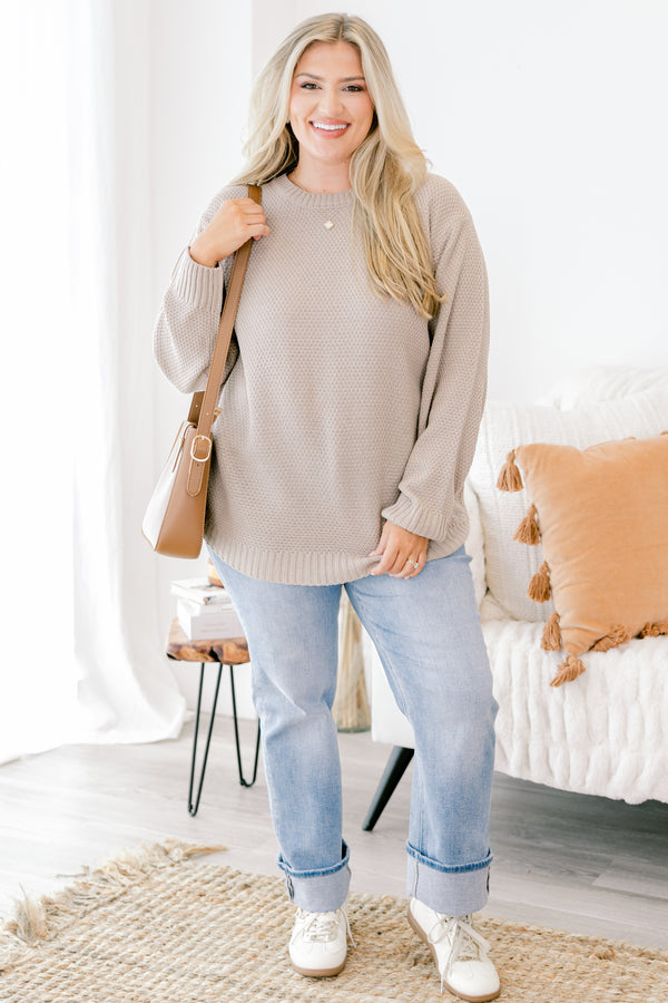 Chic Soul plus size clothing, light mocha sweater with long sleeves that have a cuff at the ends 