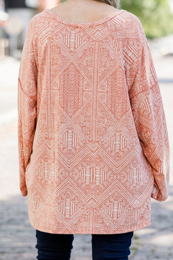 Chic Soul plus size clothing, mauve long sleeve geometric white print top with v neckline and slit on sides on bottom with longer length in the back
