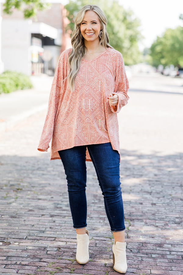 Chic Soul plus size clothing, mauve long sleeve geometric white print top with v neckline and slit on sides on bottom with longer length in the back
