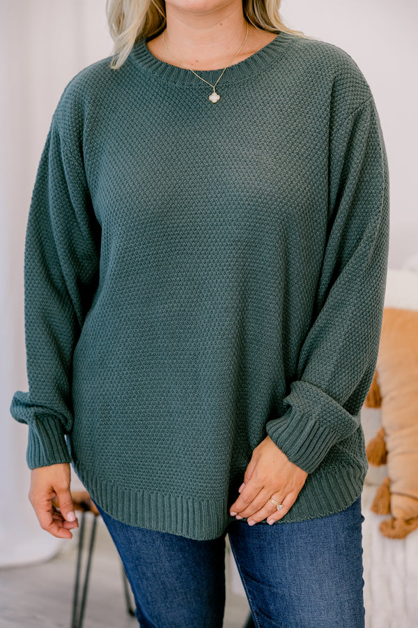Chic Soul plus size clothing, dark green crewneck knit longsleeve sweater