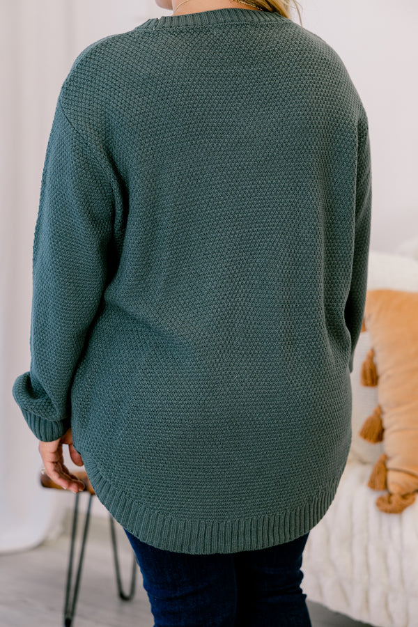 Chic Soul plus size clothing, dark green crewneck knit longsleeve sweater