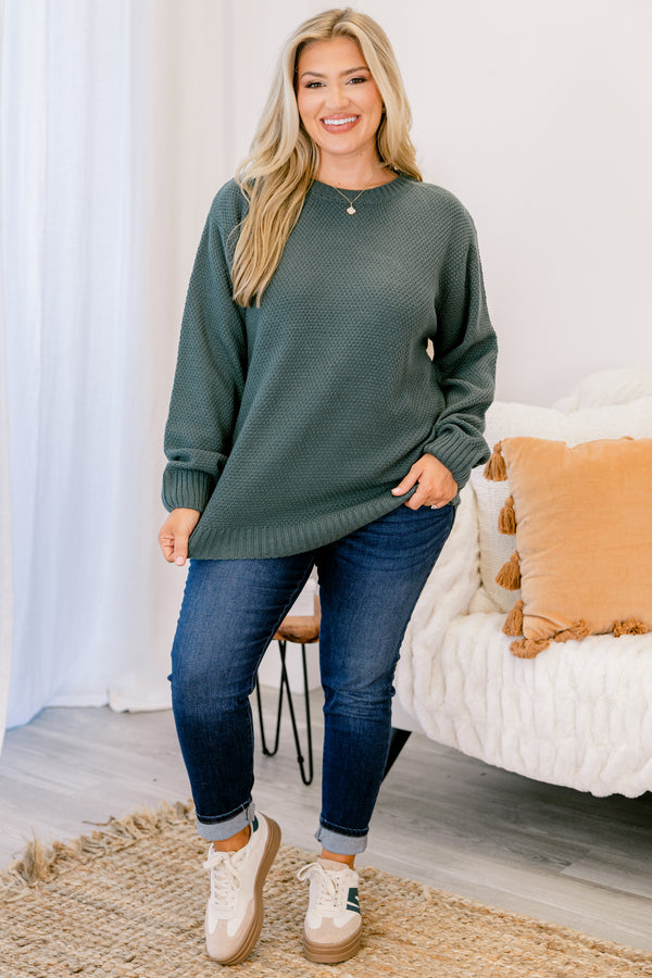 Chic Soul plus size clothing, dark green crewneck knit longsleeve sweater
