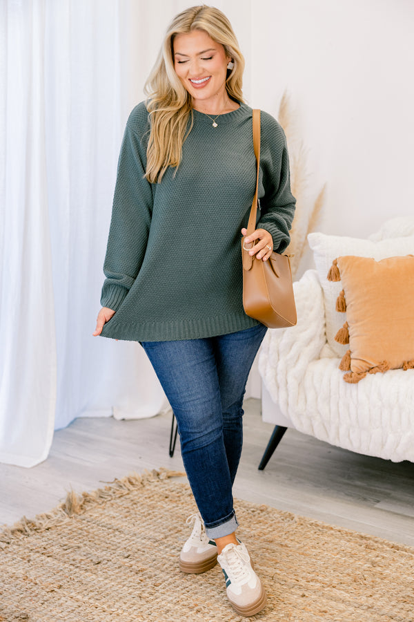 Chic Soul plus size clothing, dark green crewneck knit longsleeve sweater