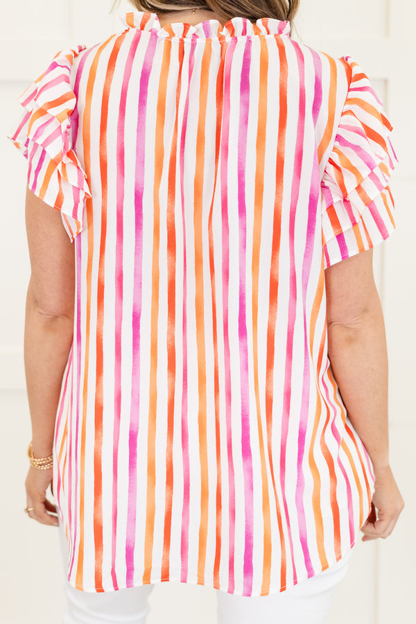 Chic Soul plus size clothing, magenta-orange stripe short sleeve top with v cutout along neckline with tie detail with three tiered ruffle sleeves