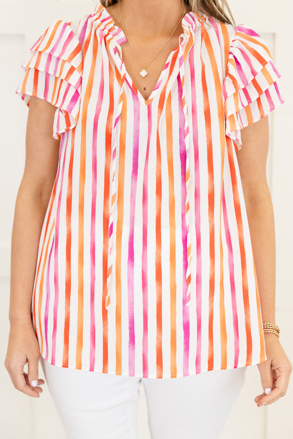 Chic Soul plus size clothing, magenta-orange stripe short sleeve top with v cutout along neckline with tie detail with three tiered ruffle sleeves