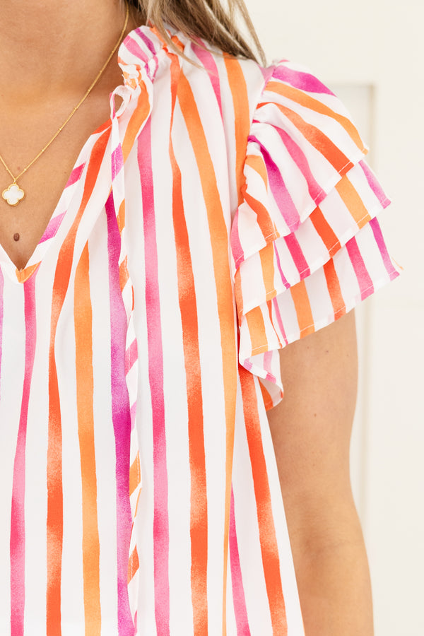 Chic Soul plus size clothing, magenta-orange stripe short sleeve top with v cutout along neckline with tie detail with three tiered ruffle sleeves