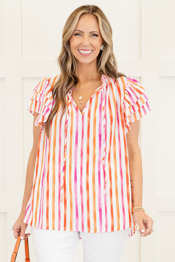 Chic Soul plus size clothing, magenta-orange stripe short sleeve top with v cutout along neckline with tie detail with three tiered ruffle sleeves