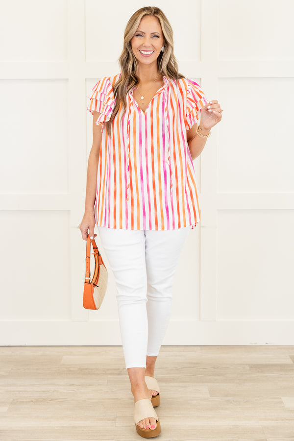 Chic Soul plus size clothing, magenta-orange stripe short sleeve top with v cutout along neckline with tie detail with three tiered ruffle sleeves