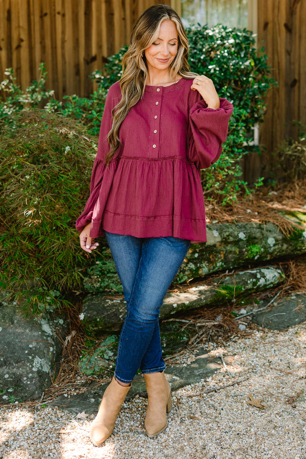 Chic Soul plus size clothing, burgundy long sleeve top with buttons going down to the chest 