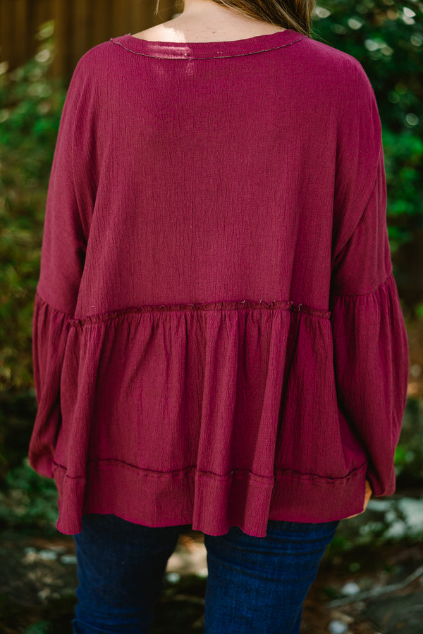 Chic Soul plus size clothing, burgundy long sleeve top with buttons going down to the chest 