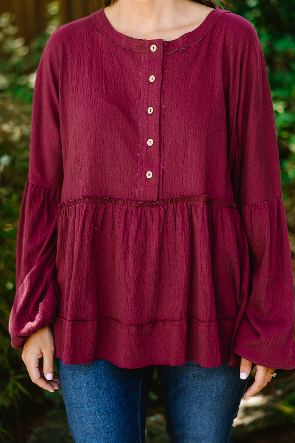 Chic Soul plus size clothing, burgundy long sleeve top with buttons going down to the chest 