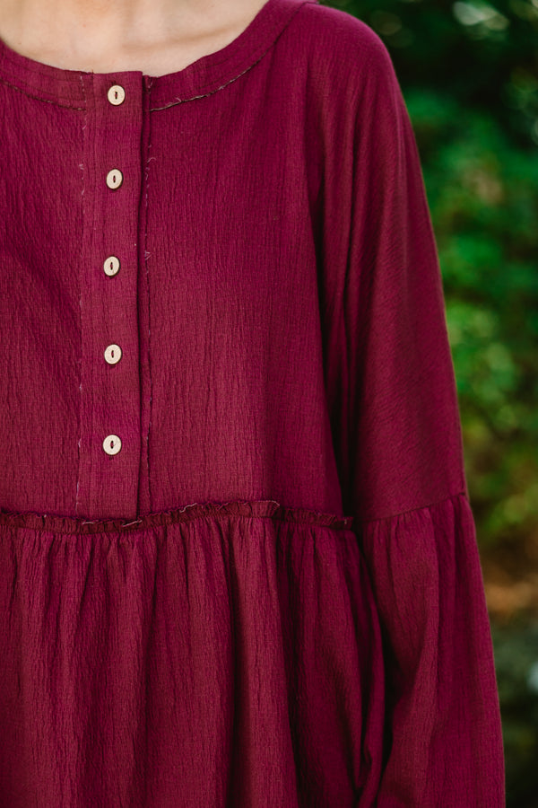 Chic Soul plus size clothing, burgundy long sleeve top with buttons going down to the chest 