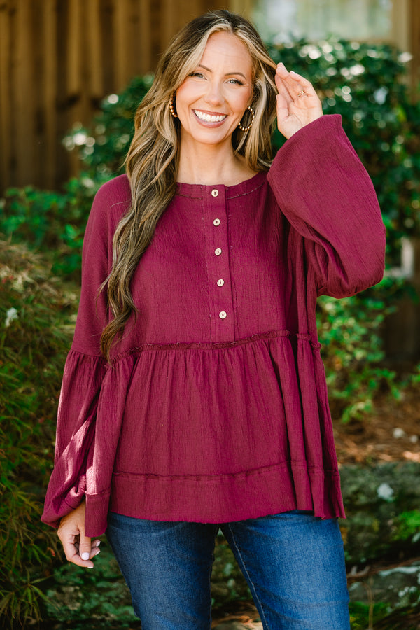 Chic Soul plus size clothing, burgundy long sleeve top with buttons going down to the chest 