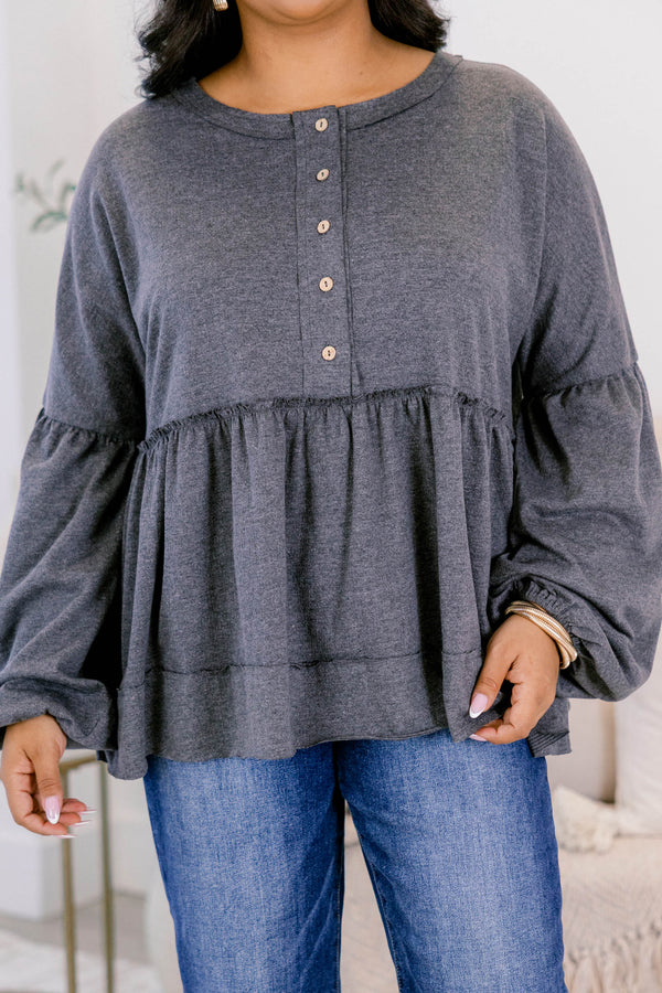 Chic Soul plus size clothing, gray long sleeve babydoll style top with button up detail with cuff bubble sleeves with ruffle along bottom
