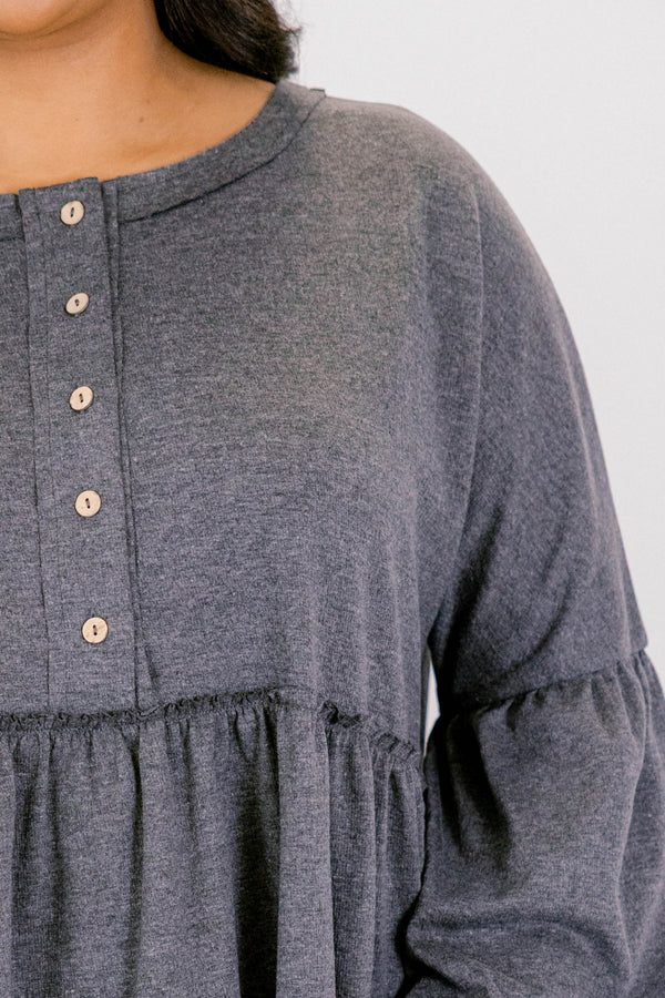 Chic Soul plus size clothing, gray long sleeve babydoll style top with button up detail with cuff bubble sleeves with ruffle along bottom