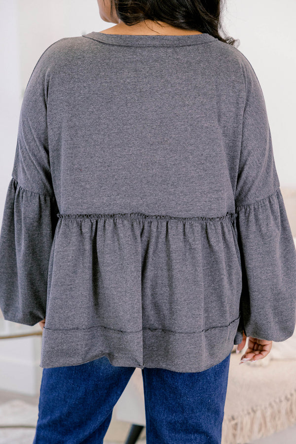 Chic Soul plus size clothing, gray long sleeve babydoll style top with button up detail with cuff bubble sleeves with ruffle along bottom