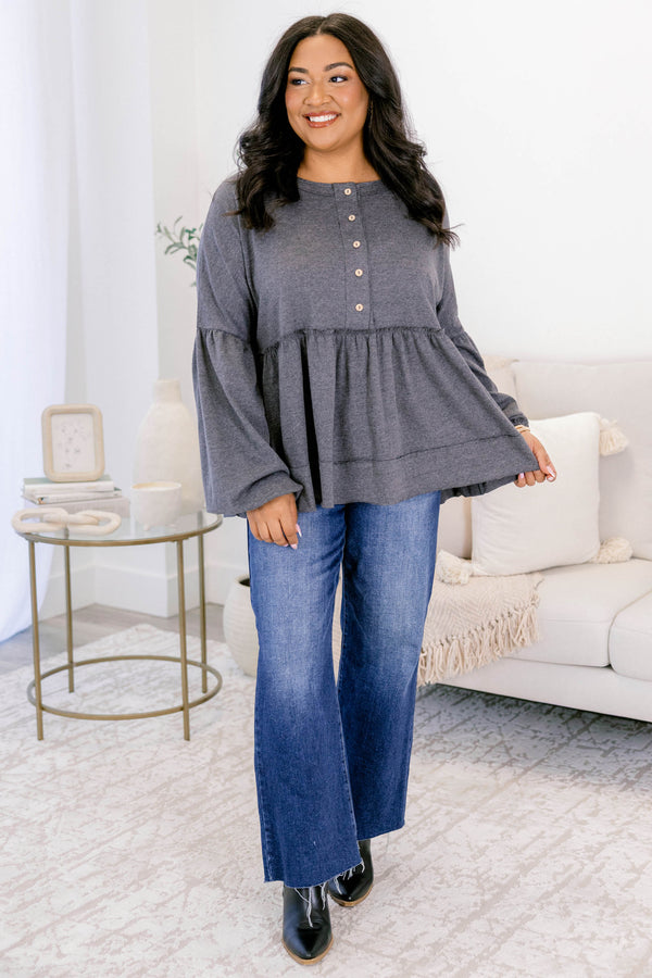 Chic Soul plus size clothing, gray long sleeve babydoll style top with button up detail with cuff bubble sleeves with ruffle along bottom